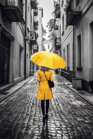 Young woman in yellow raincoat with yellow umbrella walking on the streetの素材