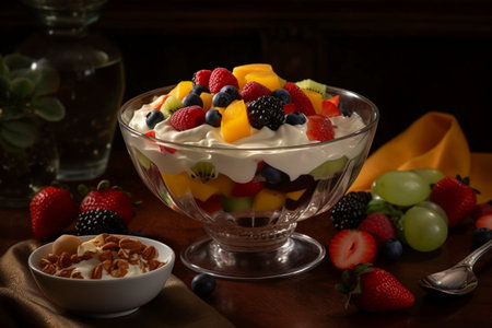 Fruit salad with yogurt and muesli in a glass bowlの素材