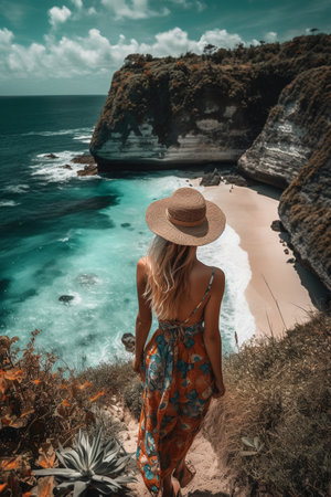 Beautiful girl in a hat and a long dress on the background of the oceanの素材