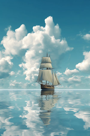 sailing boat in the sea with clouds reflected in water - 3d illustrationの素材