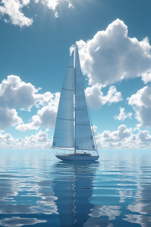 sailing boat in the sea on a background of blue sky with cloudsの素材