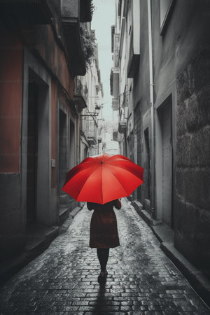 Young woman with red umbrella walking along the street in the old cityの素材