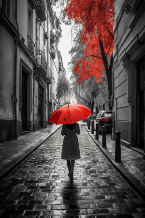 Woman with red umbrella in the city. Black and white photo.の素材