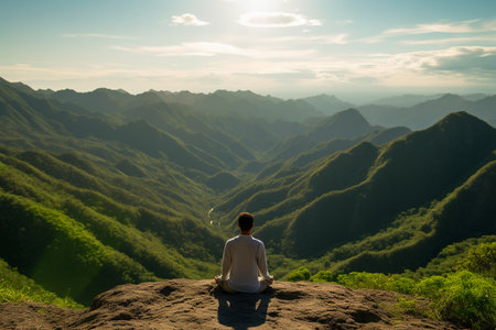 man meditating on the top of the mountain at sunset, Thailandの素材