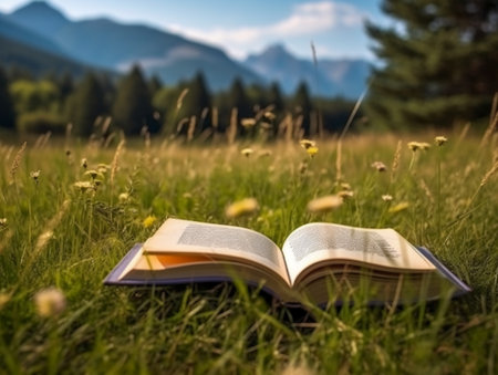 Open book lying on the grass in the mountains. Summer landscape.の素材