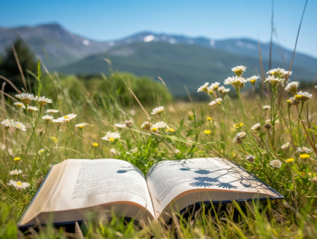 Open book on the meadow with daisies and mountains in the backgroundの素材