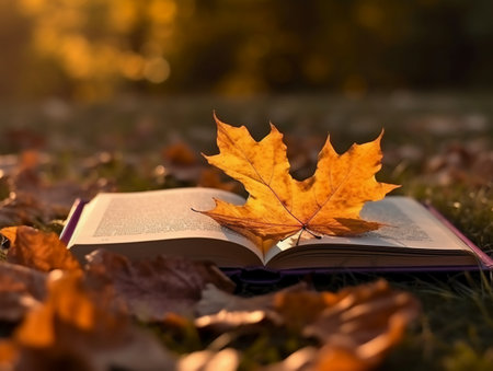 Autumn maple leaf on an open book in the park. Autumn concept.の素材