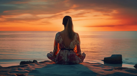 Young woman meditating on the beach at sunset. Healthy lifestyle and relaxation conceptの素材