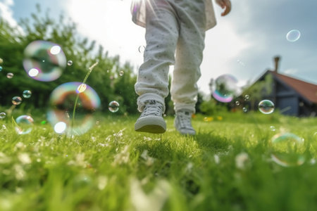 Little boy playing with soap bubbles on the grass in the garden.の素材