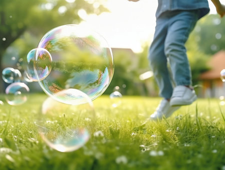 Little boy playing with soap bubbles on the grass in the park.の素材