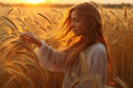 Beautiful young woman in wheat field at sunset. Natural beauty.の素材