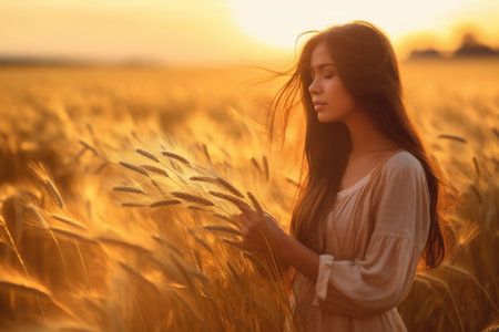 Young beautiful asian woman in wheat field at sunset time. Healthy lifestyle concept.の素材