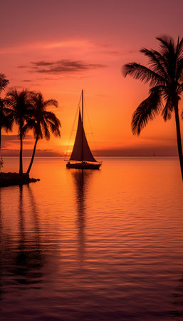 Silhouette of a sailboat in the sea with palm trees at sunsetの素材