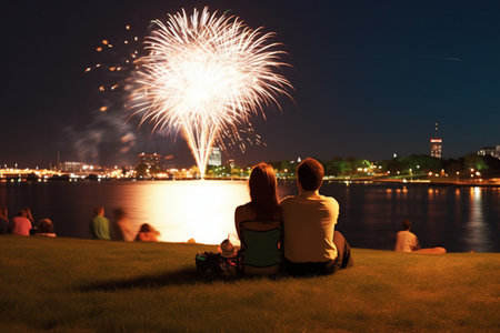 Young couple watching fireworks on the background of the city. Selective focus.の素材