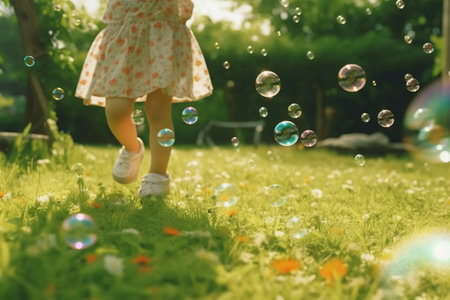 Little girl playing with soap bubbles in the park. Summer concept.の素材