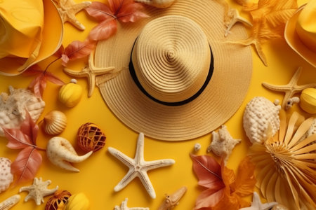 Flat lay composition with straw hat and seashells on color backgroundの素材