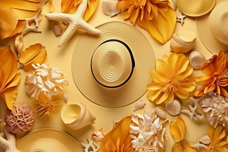 Top view of straw hat, seashells and starfish on color backgroundの素材
