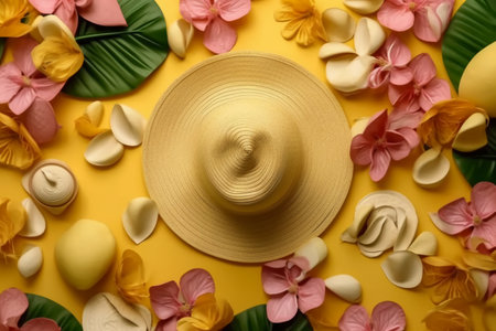 Flat lay composition with straw hat and tropical flowers on yellow backgroundの素材