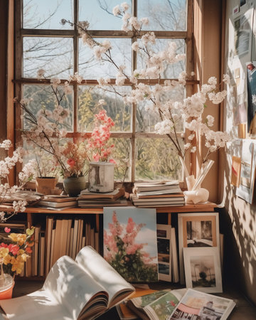 Cherry blossoms in a vase and books on the windowsillの素材