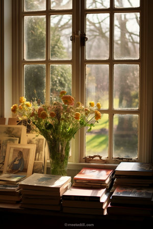 Vintage books and flowers in front of a window in a country houseの素材