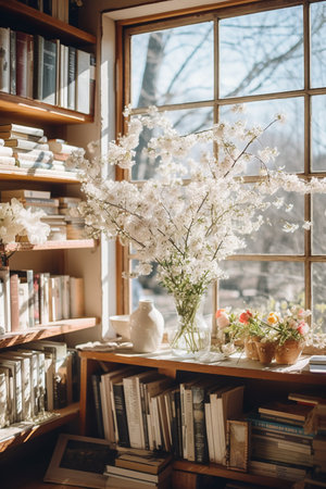 Bouquet of white flowers in vase on bookshelfの素材