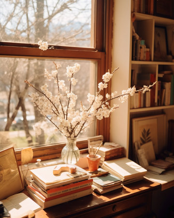 Vase with blooming branches of cherry and books on the windowsillの素材