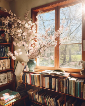Bookshelf with books and cherry blossoms in the windowsillの素材