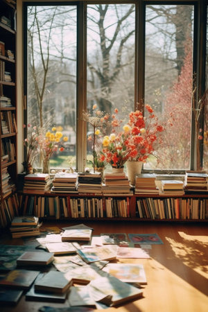 Bouquet of flowers in vase and books on windowsillの素材