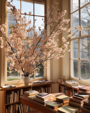 books on the windowsill with a bouquet of cherry blossomsの素材