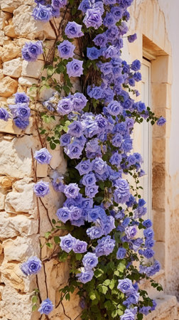 Beautiful blue flowers on the background of a stone wall, Greece.の素材