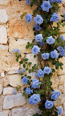 Beautiful blue roses growing on a stone wall. Natural background.の素材