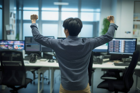 Rear view of young businessman raising arms while standing in creative officeの素材