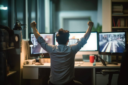 Rear view of a young man using a virtual reality headset while sitting at the desk in the officeの素材