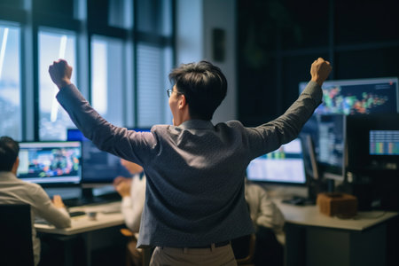 Rear view of businessman standing with arms raised in front of computer monitors in officeの素材