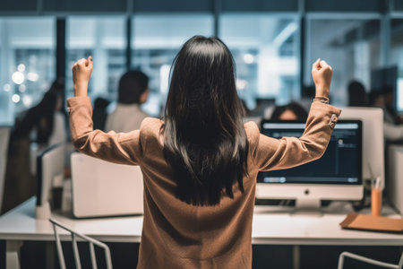 back view of asian businesswoman working with computer at modern officeの素材