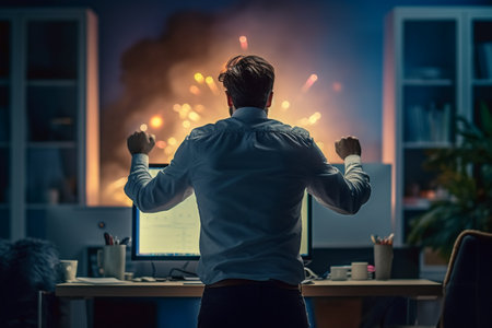 Back view of young businessman standing in front of computer monitor and celebrating successの素材