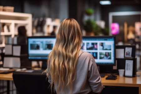 Rear view of female graphic designer working on computer at desk in officeの素材