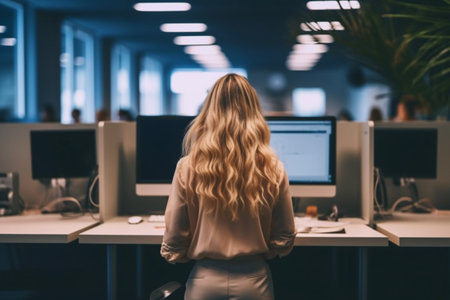 Back view of businesswoman working on computer in modern office at nightの素材