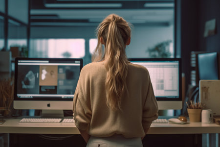 back view of young woman looking at computer monitor in office at nightの素材