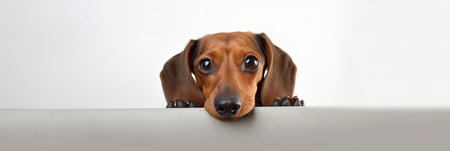 Dachshund dog peeking out from behind a white wallの素材