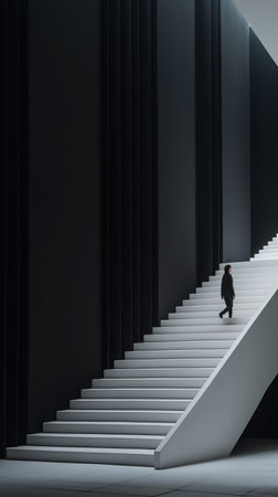 Businessman walking up the stairs in a dark room. 3D Renderingの素材