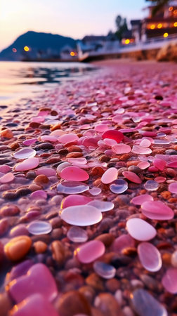 Pink pebbles on the beach at sunset, Phuket, Thailandの素材