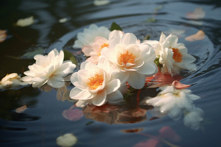 Beautiful white lotus flower floating on water surface with reflection.の素材