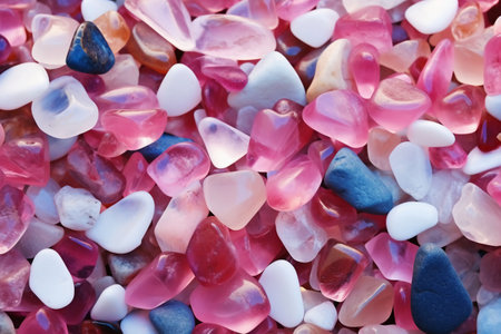 Colorful stones as background, close-up. Pink, red, blue and white stones.の素材