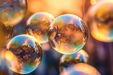 Colorful soap bubbles on a blurred background. Shallow depth of field.の素材