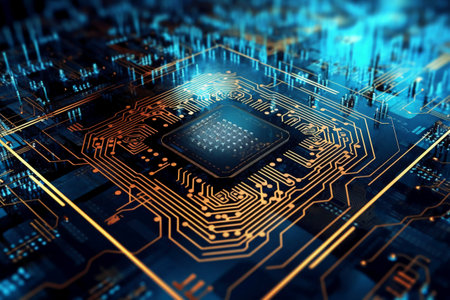 Circuit board close-up. Technology background. 3d renderingの素材