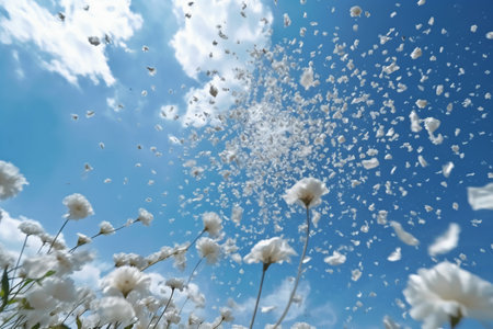 White flowers and blue sky with white clouds. Abstract nature background.の素材