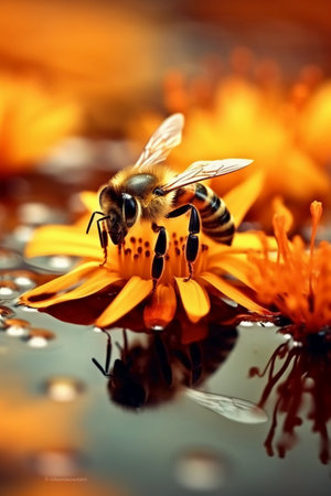 Bee on yellow flower with reflection in water. Macro shot with shallow depth of field.の素材