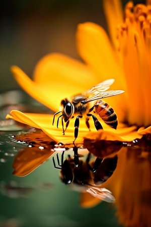 Bee on yellow flower with reflection in the water. Macro photography.の素材