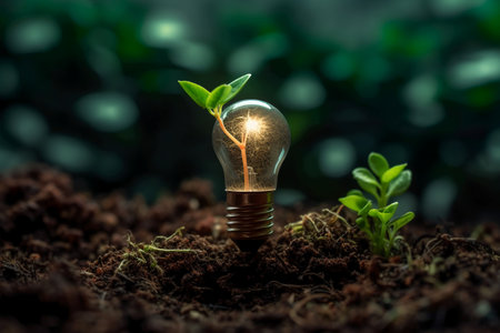 Light bulb with green sprout growing out of soil. Eco conceptの素材